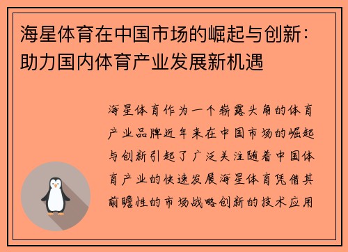 海星体育在中国市场的崛起与创新：助力国内体育产业发展新机遇